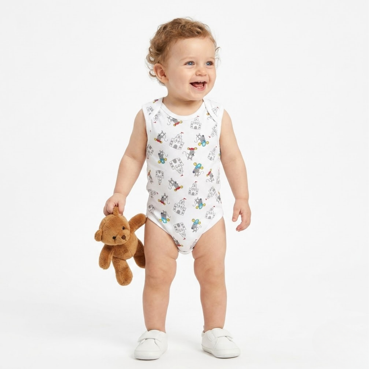 Baby Boys Pack Of 3 Cotton printed  Envelop Neck Body Suit - White, Peach & Yellow