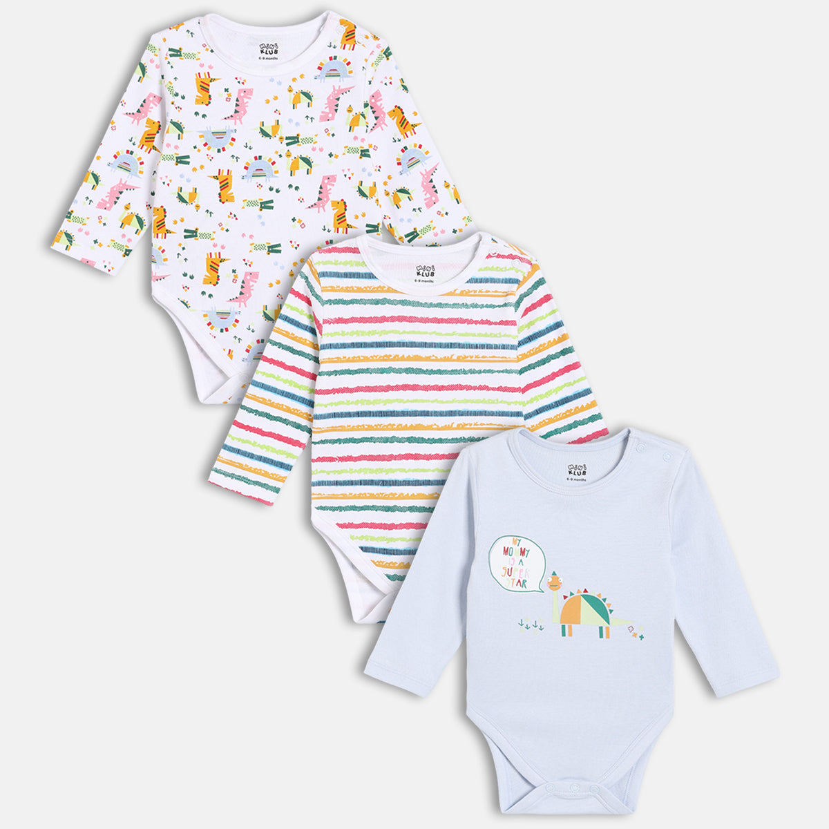 Boys Pack Of 3 Round Neck Long Sleeve Body Suit - Multi