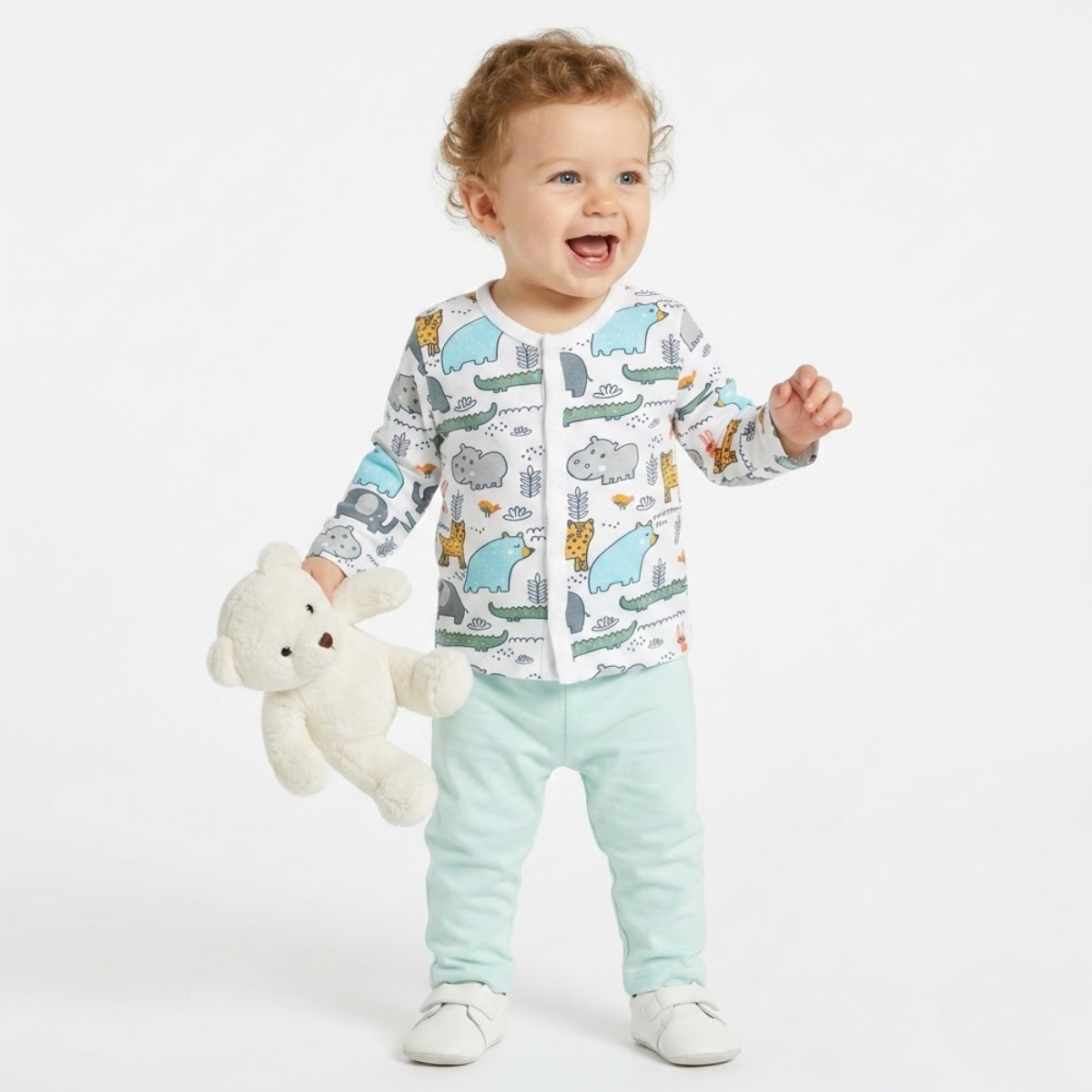 Baby Boys Pack Of 3 cotton animal printed Front Open Vest - White, Peach & Green