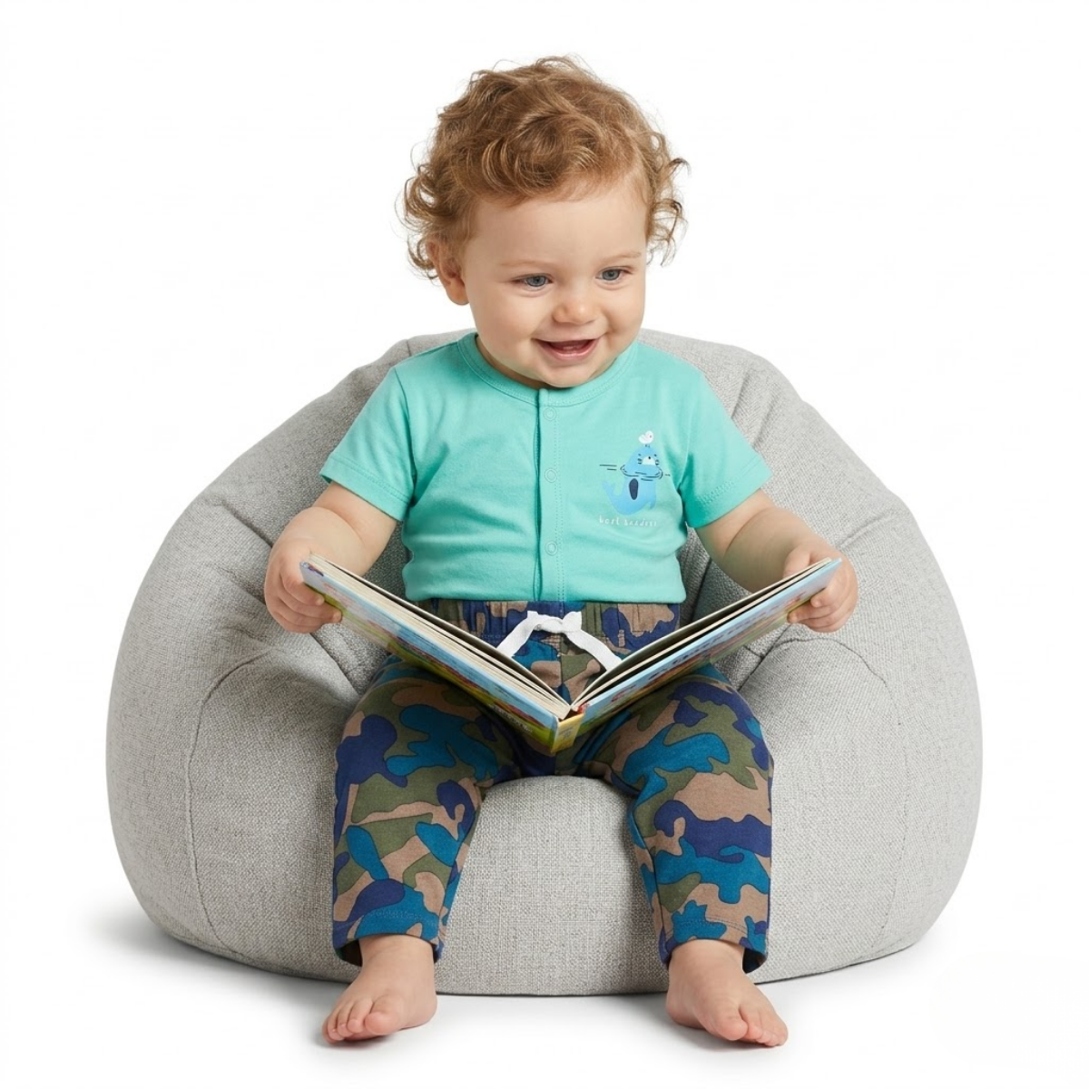 Baby Boys Pack Of 3 Cotton Printed Knit Bottom, Blue & Grey