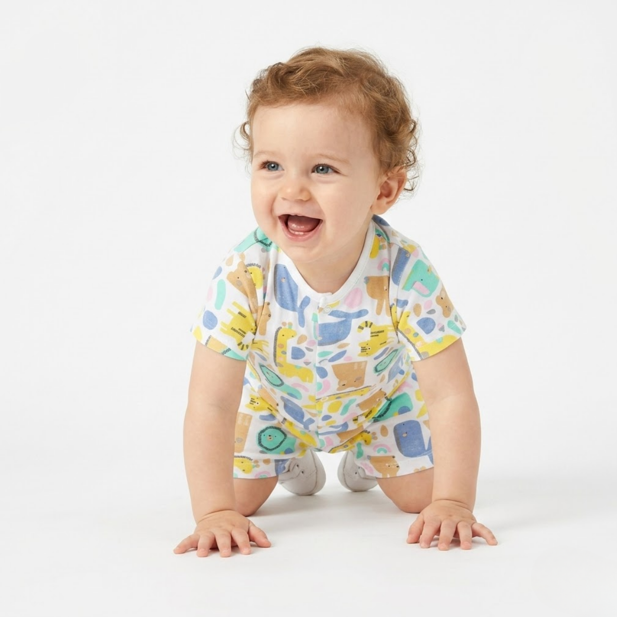 Baby Boys Pack of 2 Cotton Animal Printed Rompers, Light Green & White