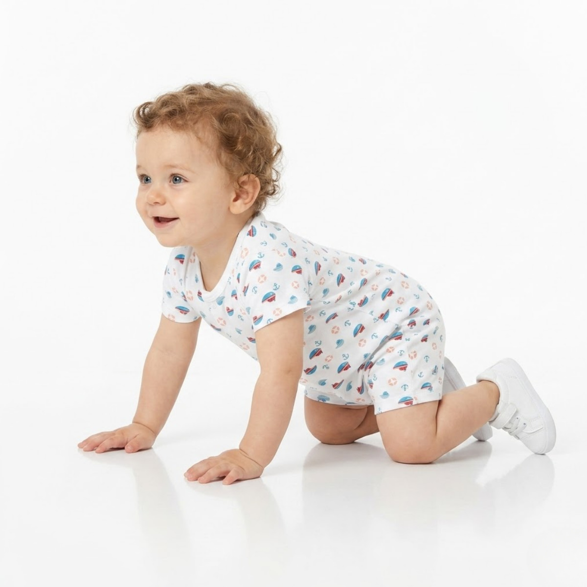 Baby Boys Pack of 2 cotton printed Rompers, Light Blue and White