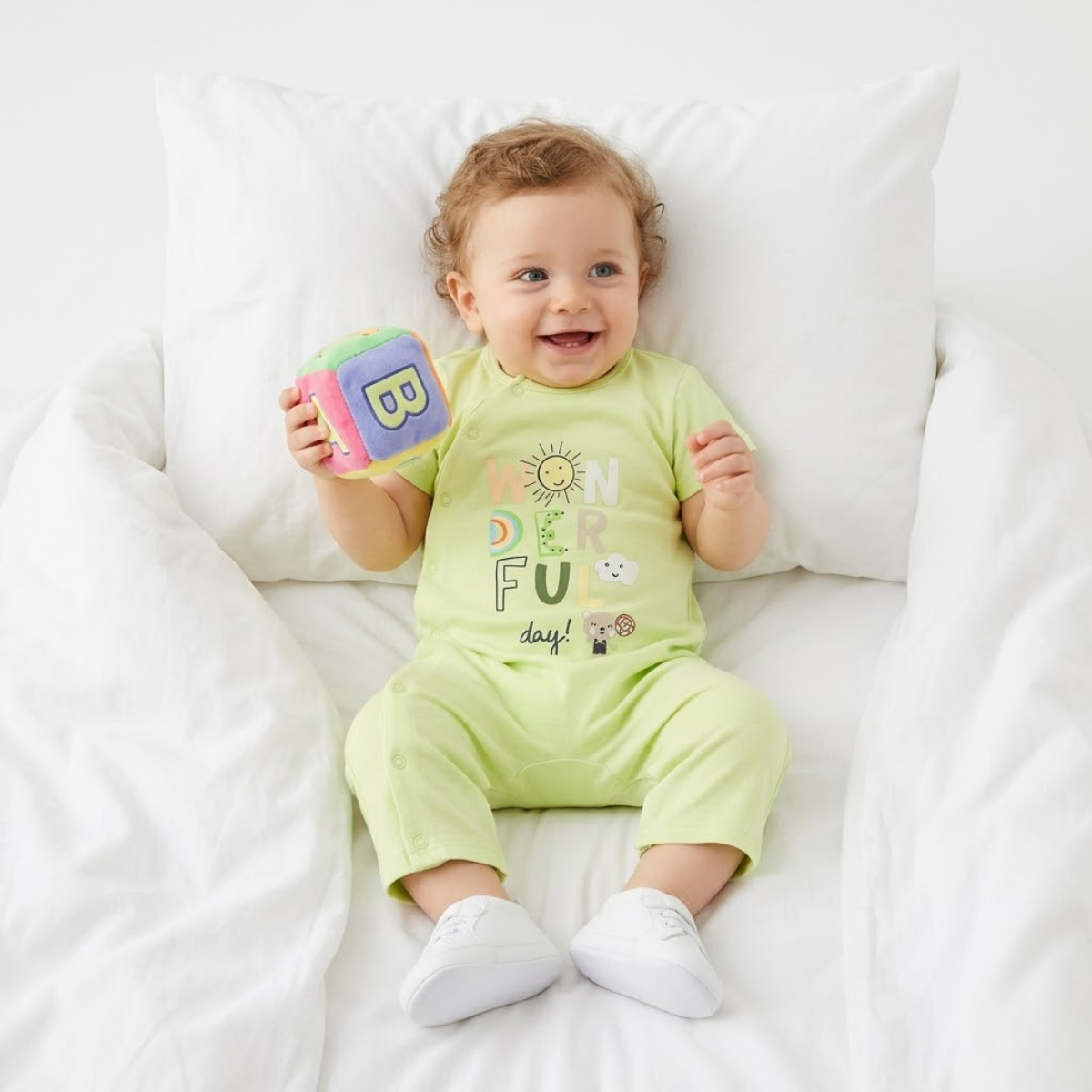 Baby Boys pack of 2 cotton printed Rompers, Light Green & White