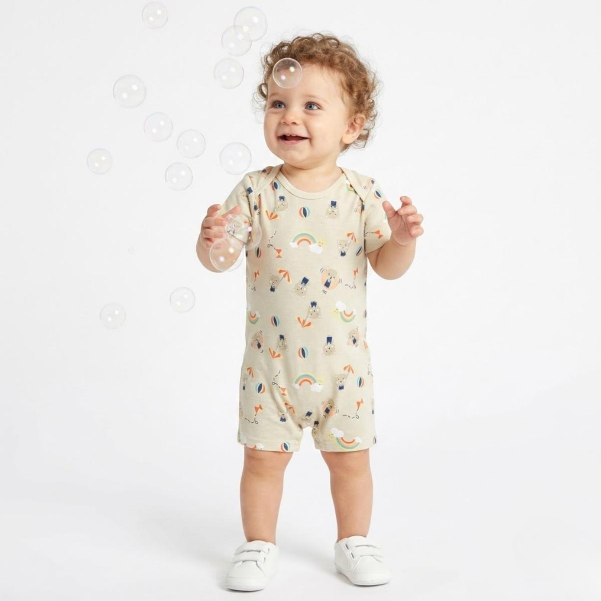 Baby Boys Pack of 2 Cotton printed Rompers, Beige and & Light blue