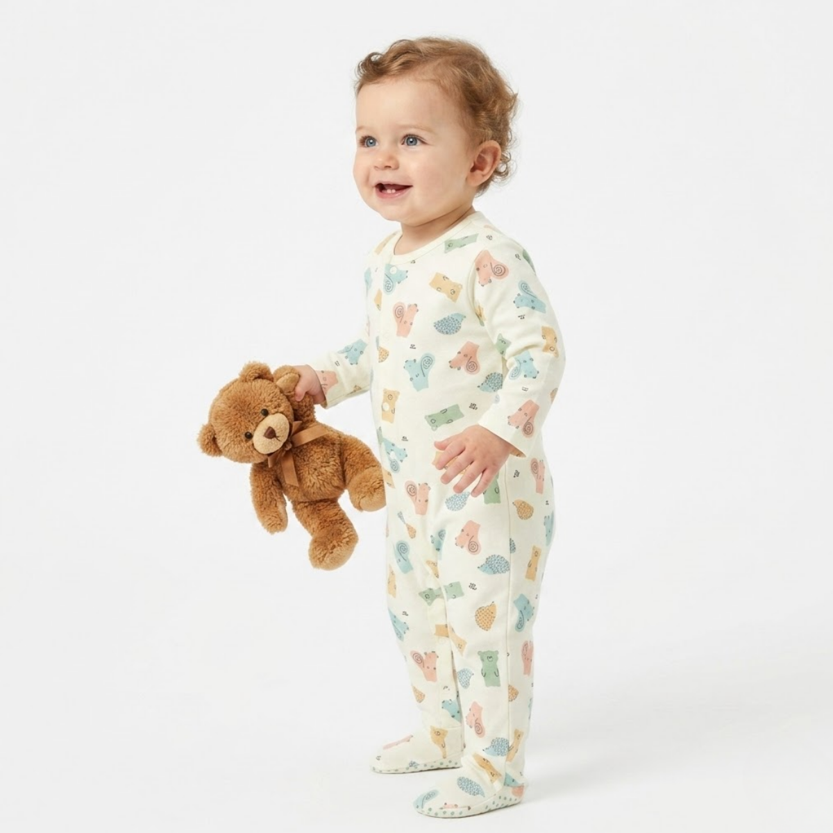 Baby Boys Pack of 2 Cotton animal printed sleepsuits, Green and Cream