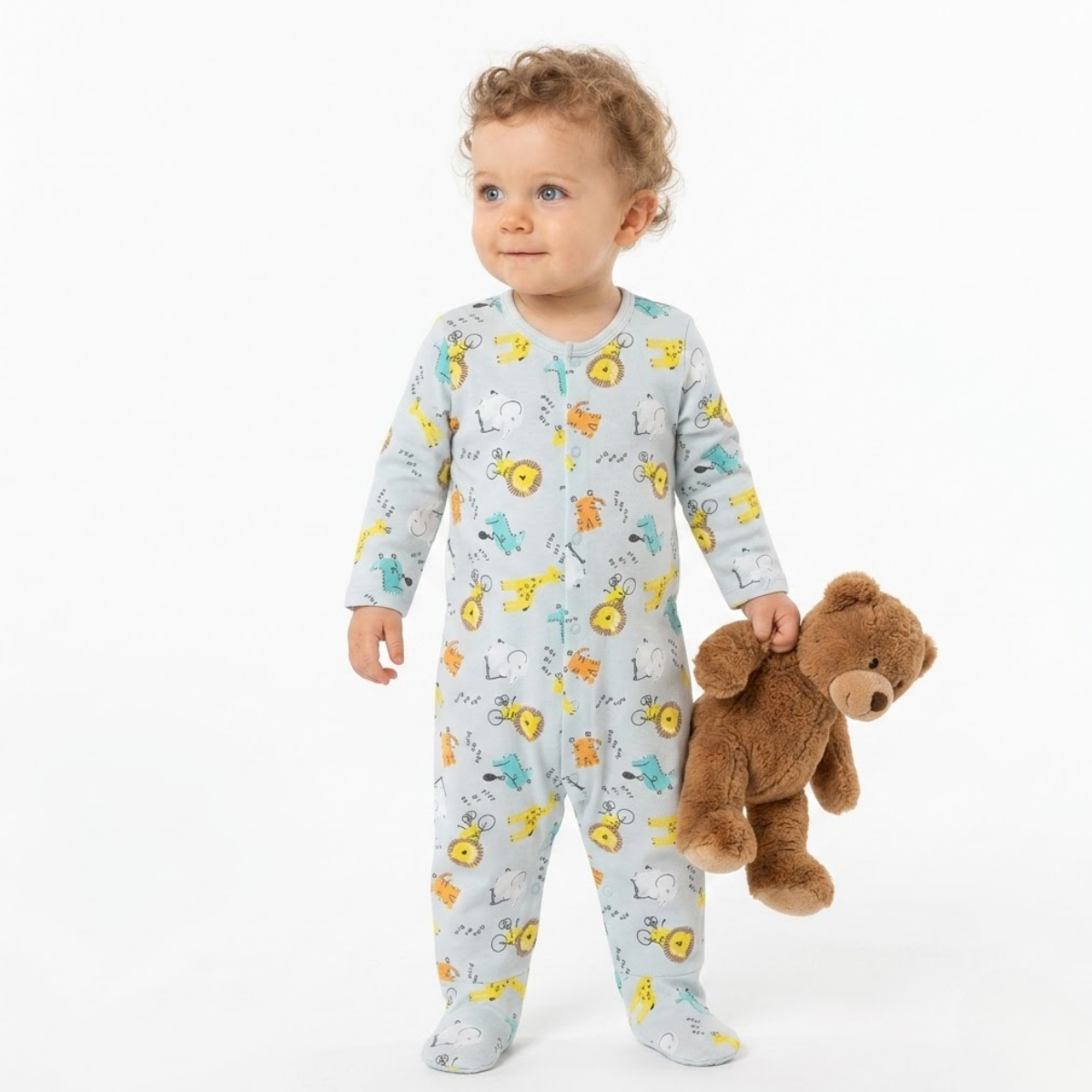 Baby Boys Pack of 2 Cotton animal printed Animal Printed Sleepsuits, Light Blue and Grey