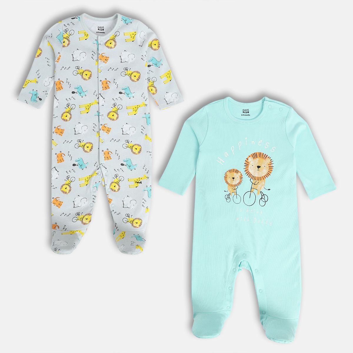Baby Boys Pack of 2 Cotton animal printed Animal Printed Sleepsuits, Light Blue and Grey