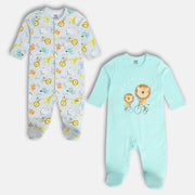 Baby Boys Pack of 2 Cotton animal printed Animal Printed Sleepsuits, Light Blue and Grey