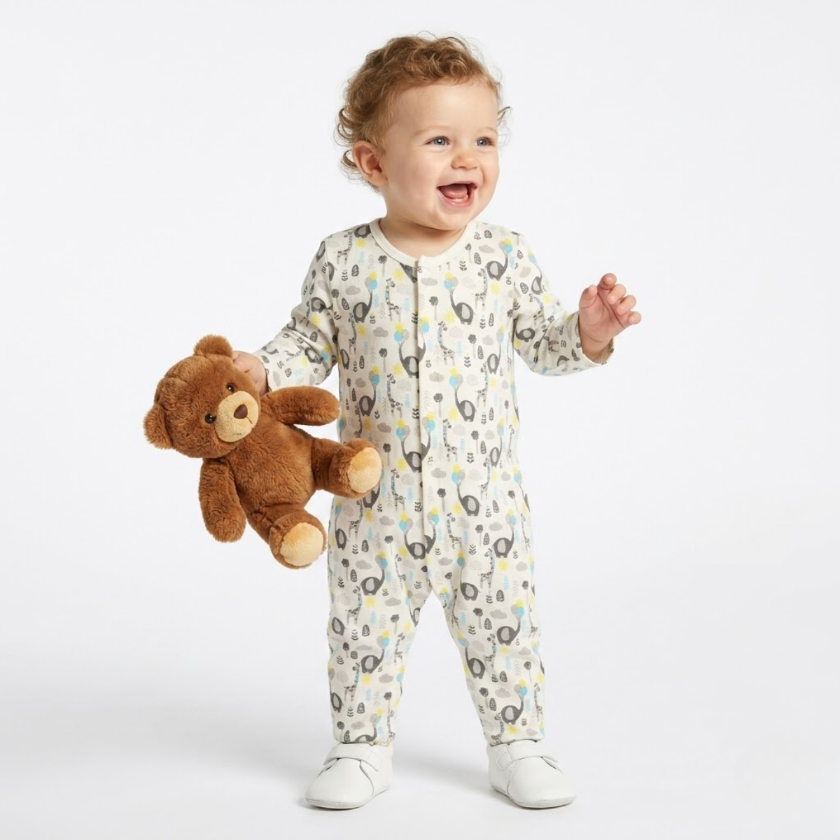 Baby Boys Pack of 2 Cotton Animal Printed Sleepsuits, Grey and Off-white