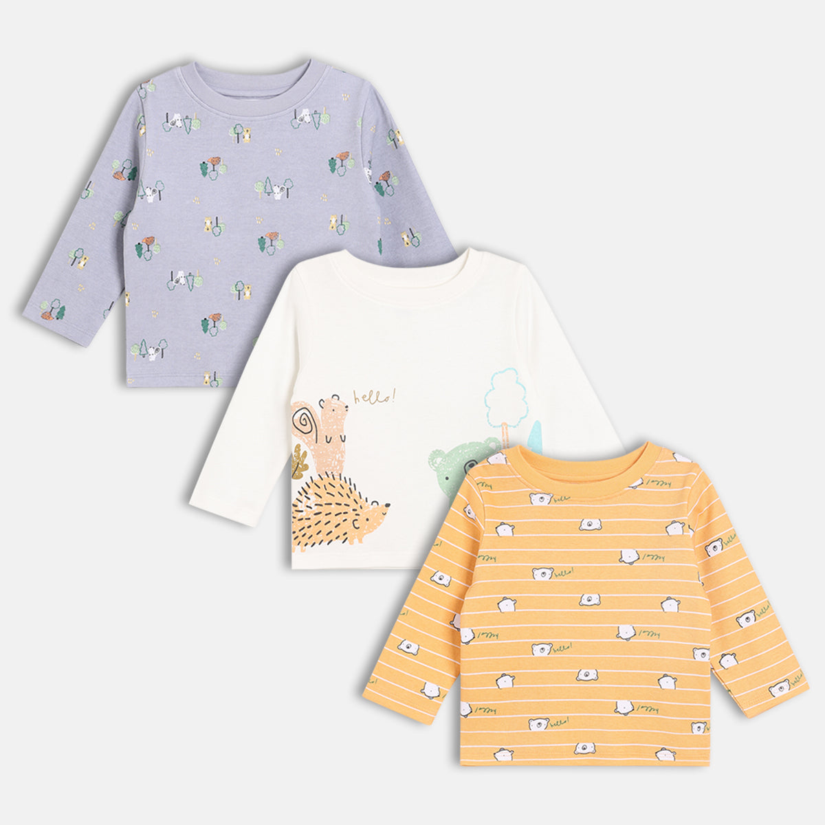 Baby Boys Printed T-Shirts Pack of 3, Yellow, White and Lavender