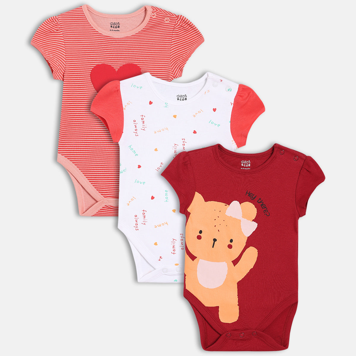 Girls Pack Of 3 Round Neck Short Sleeve Body Suit - Coral/White