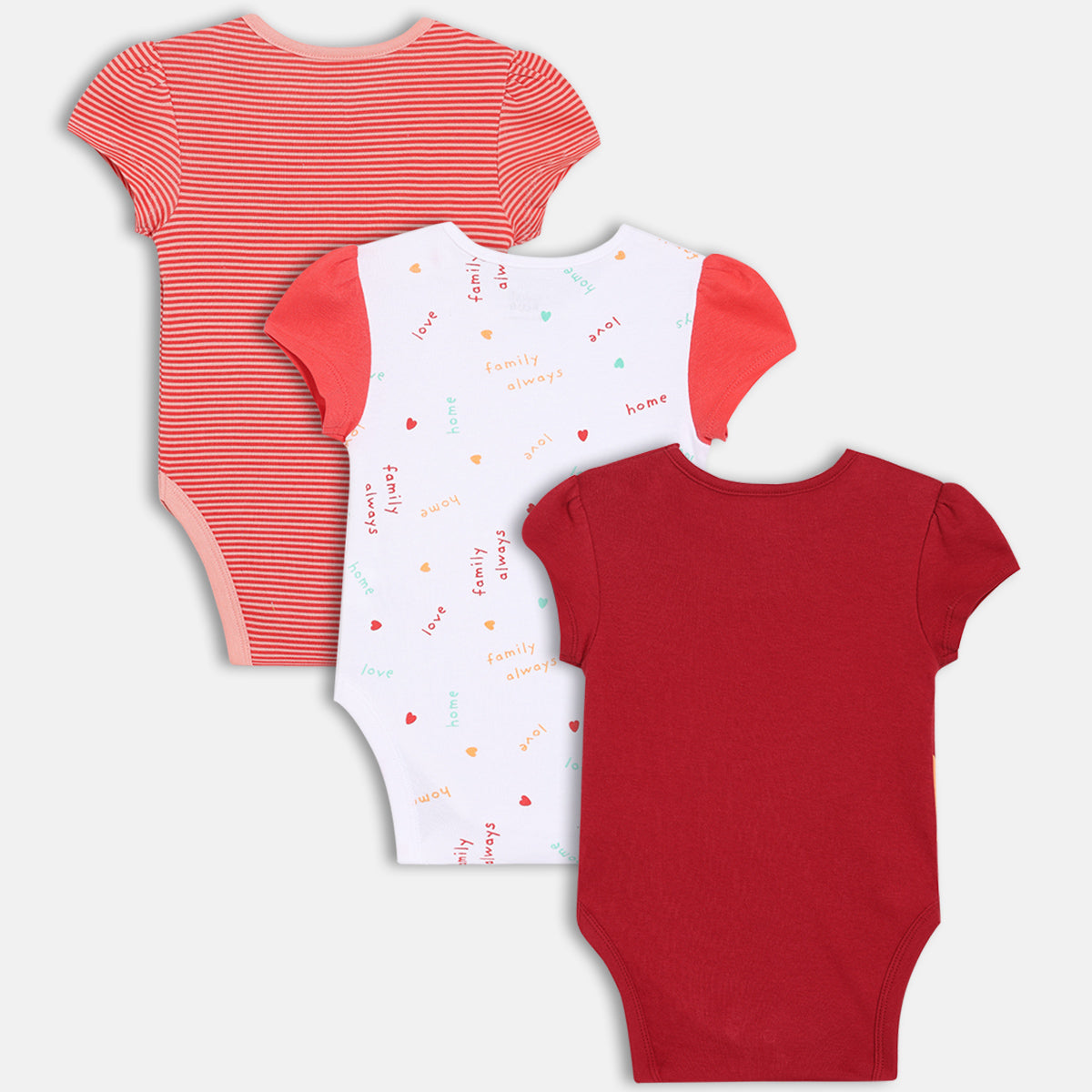 Girls Pack Of 3 Round Neck Short Sleeve Body Suit - Coral/White