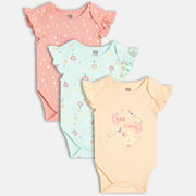 Girls Pack Of 3 Envelop Neck Cap Sleeve Body Suit - Multi