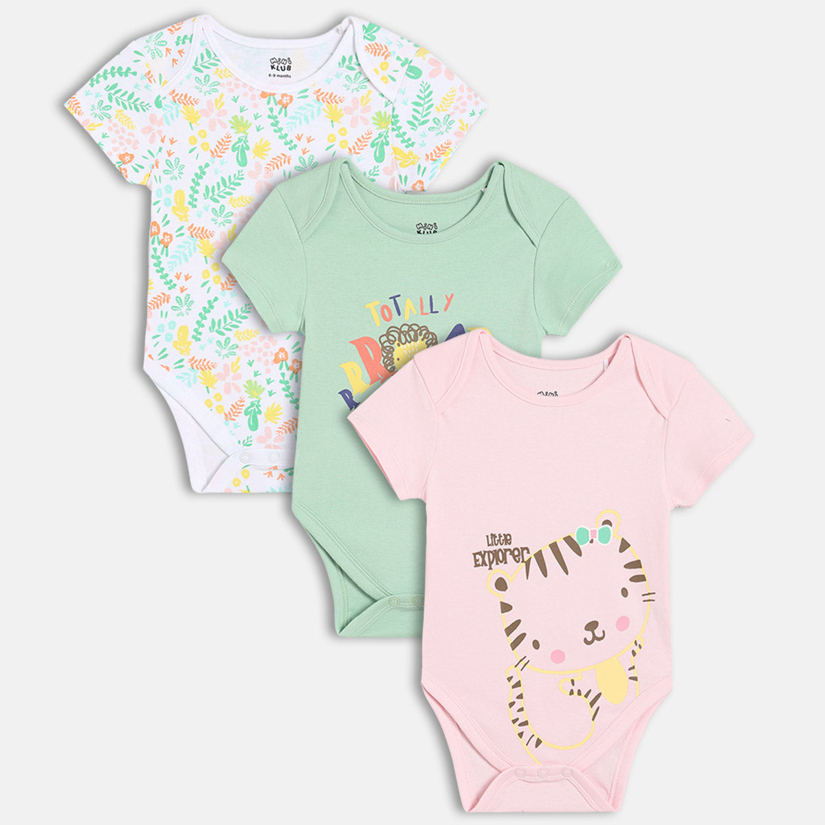 Girls Pack Of 3 Envelop Neck Short Sleeve Body Suit - Multi