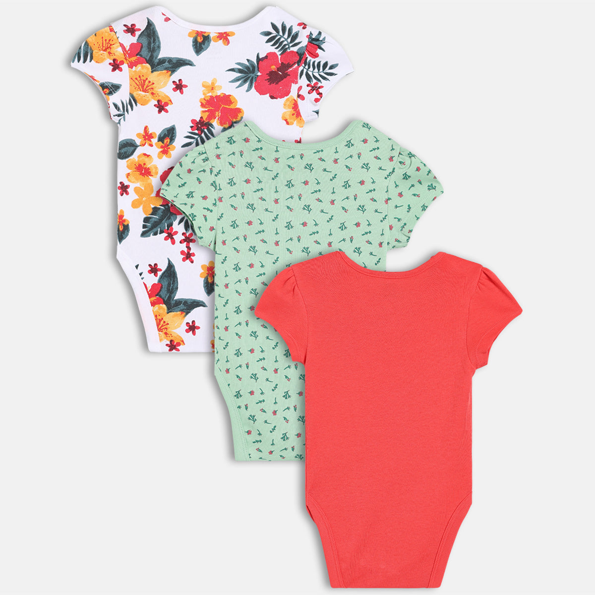 Girls Pack Of 3 Round Neck Cap Sleeve Body Suit - Multi