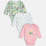 Girls Pack Of 3 Round Neck Full Sleeve Body Suit - Multi