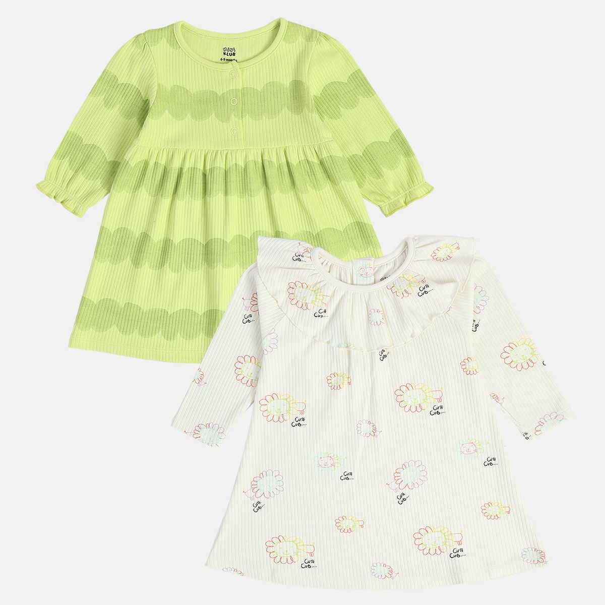 Girls Marshmallow/Green Dress (Pack Of 2)