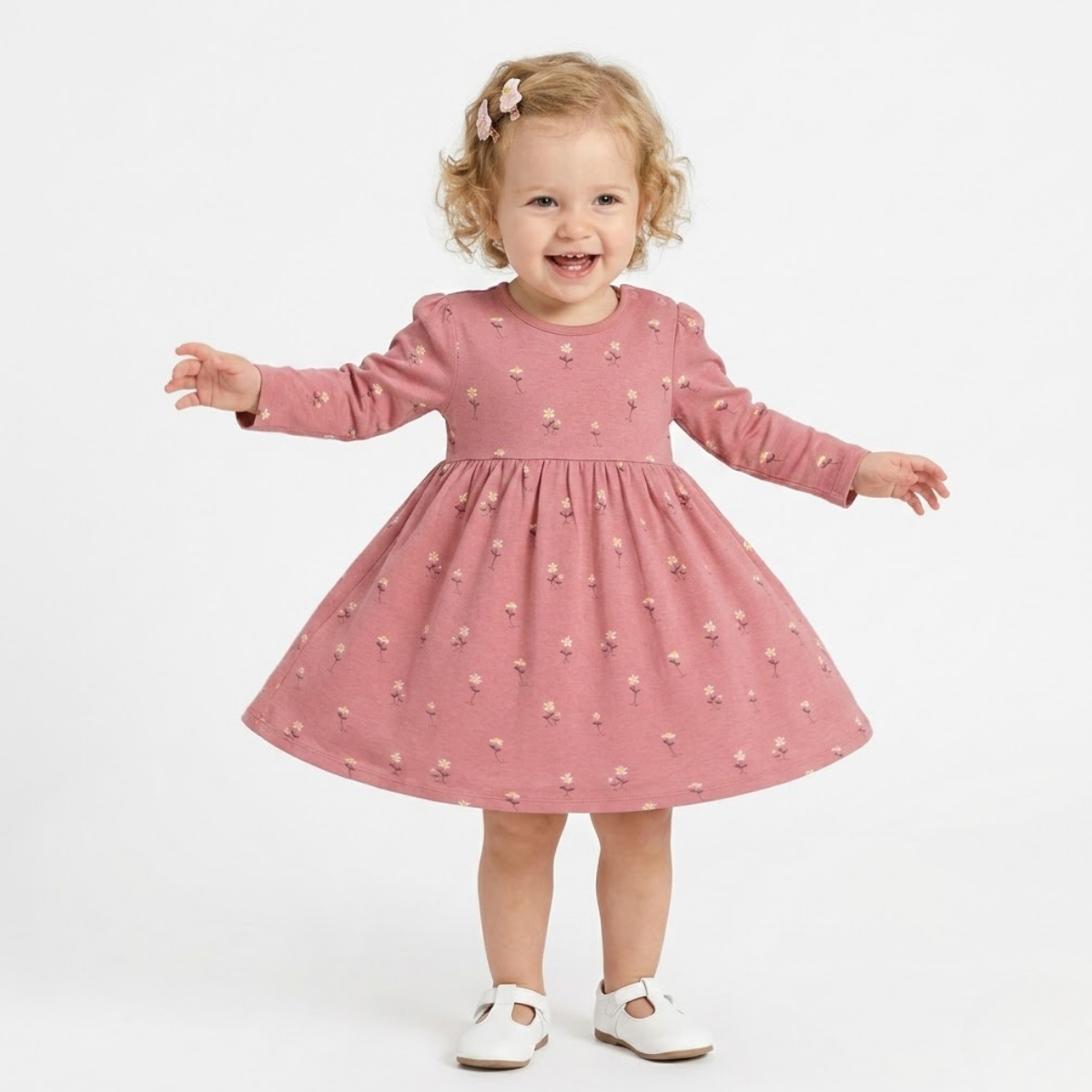 Baby girls Pack Of 2 Round Neck Full Sleeve Dress - White & Pink