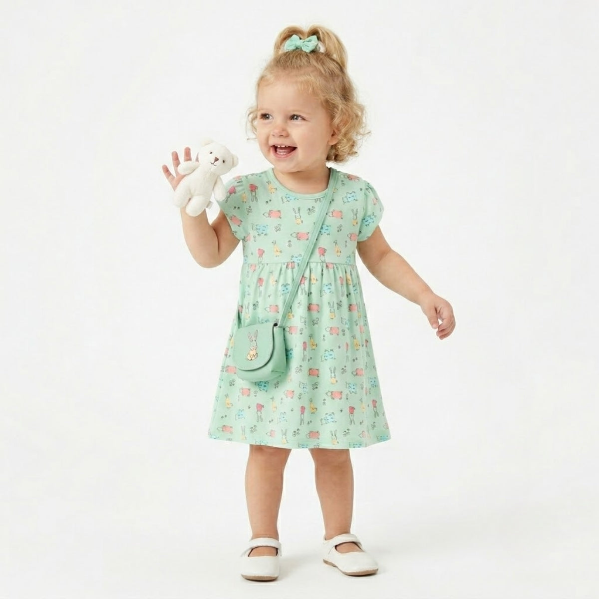 Baby Girls Pack of 2 Cotton animal Printed Dresses, White & Green
