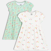 Baby Girls Pack of 2 Cotton animal Printed Dresses, White & Green