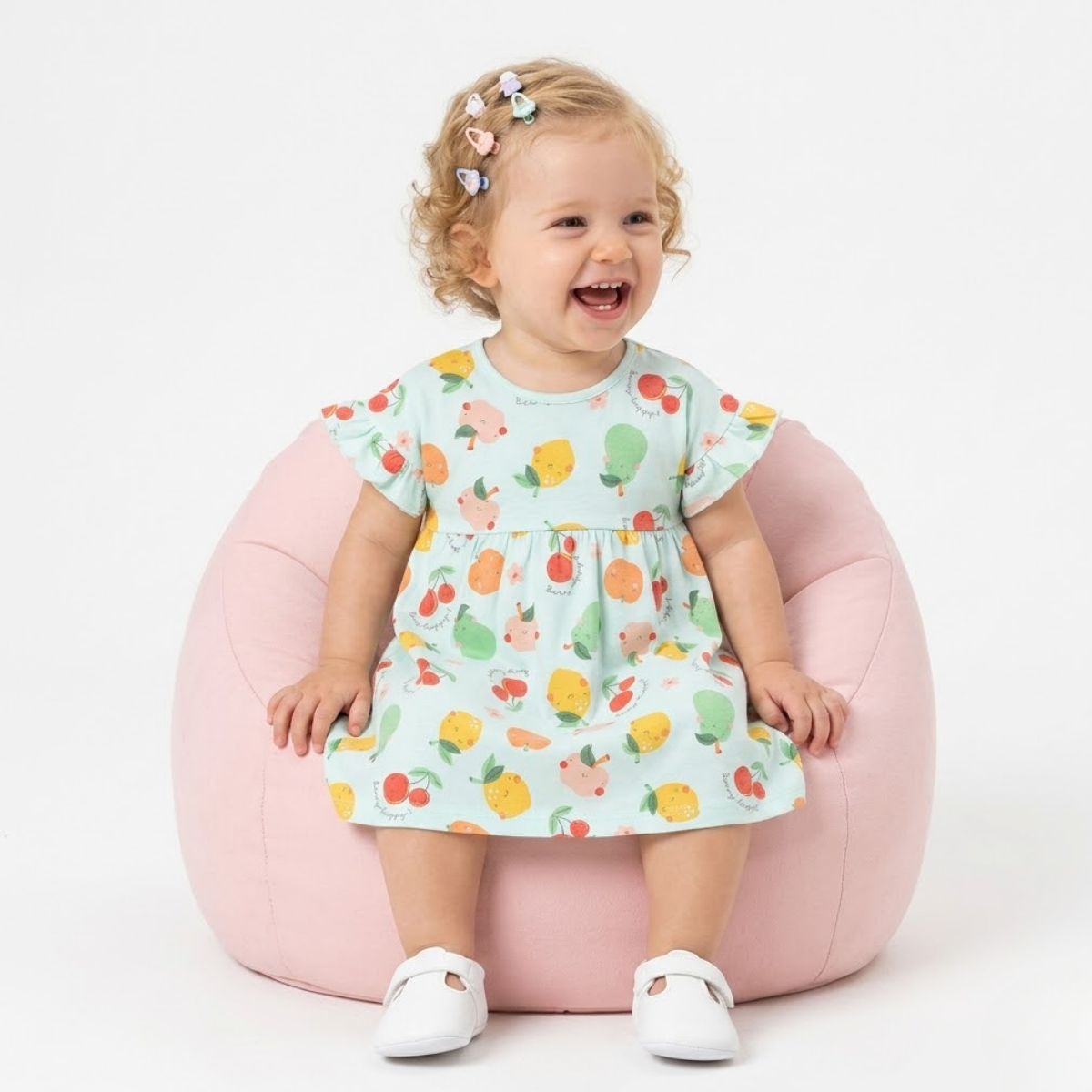 Baby Girls Pack of 2 Cotton fruits Printed Knit Dresses, Blue & White