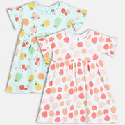 Baby Girls Pack of 2 Cotton fruits Printed Knit Dresses, Blue & White