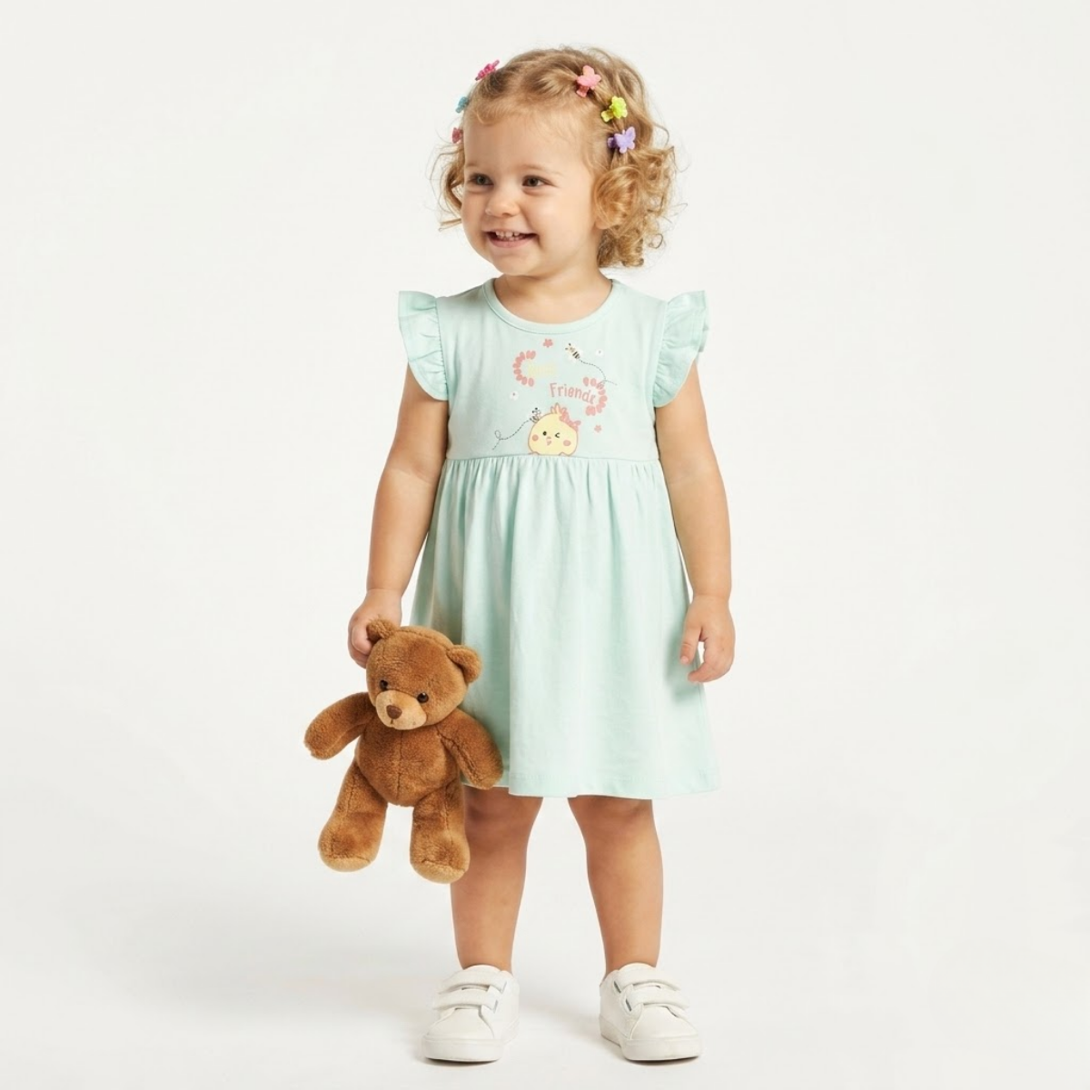 Baby girls Pack Of 2 cotton printed Crew Neck Cap Sleeve Dresses - Blue & pink
