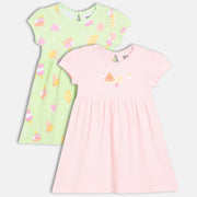 Baby Girls Printed Knit Dresses Pack of 2, Green and Pink