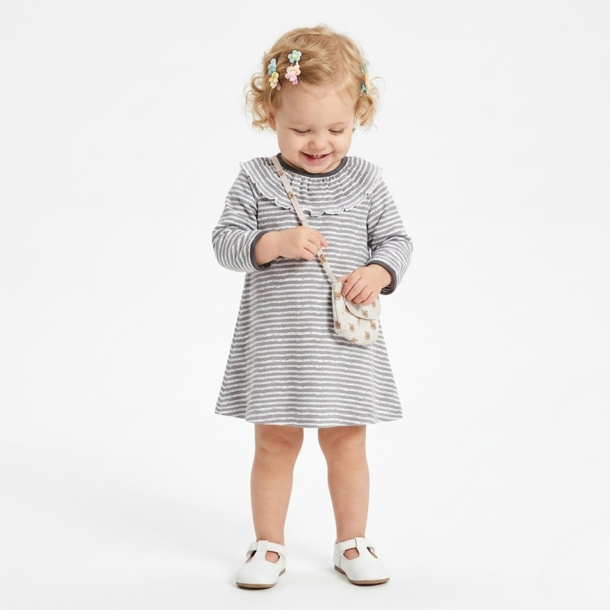 Baby girls Pack Of 2 Cotton printed Round Neck Long Sleeve Dress - Pink & Grey