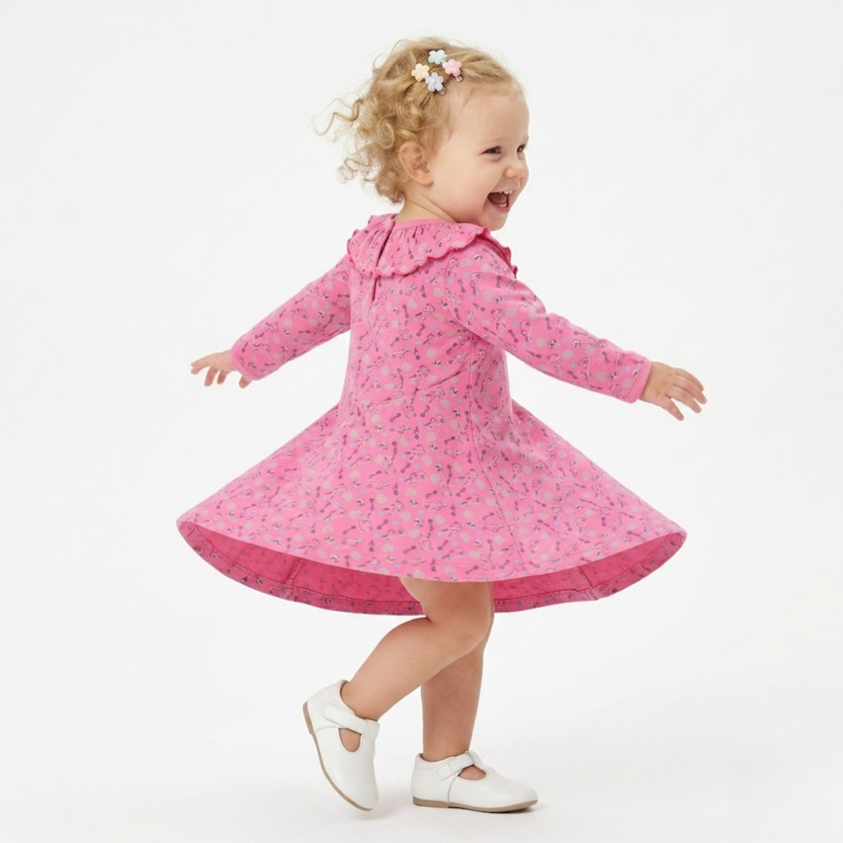 Baby girls Pack Of 2 Cotton printed Round Neck Long Sleeve Dress - Pink & Grey