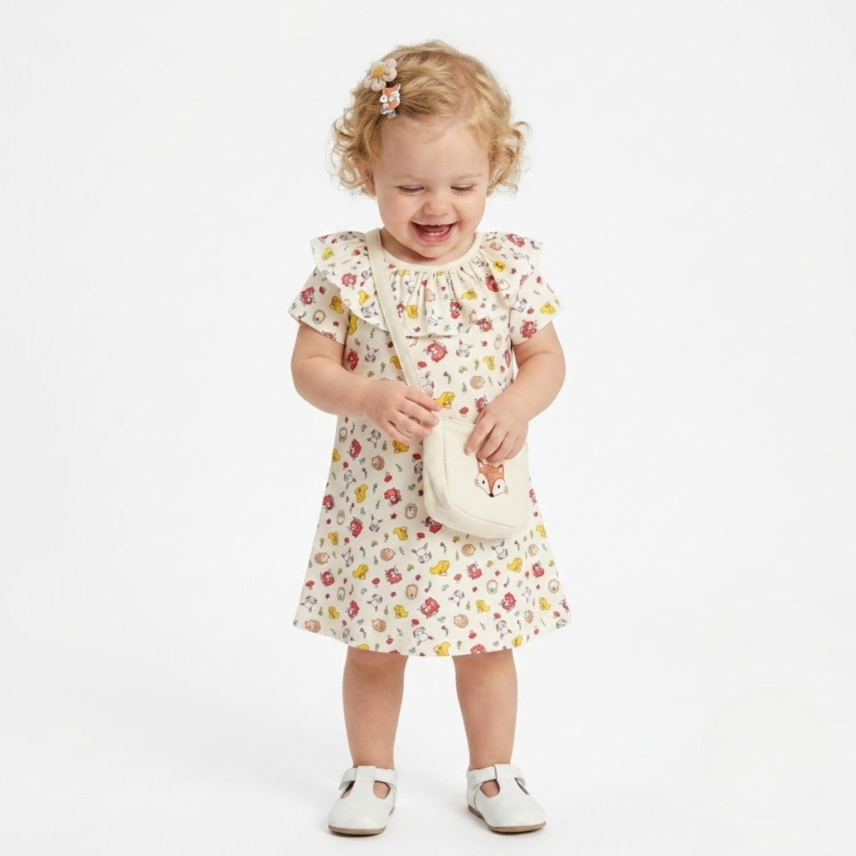 Baby Girls Pack of 2 cotton cartoon printed Dresses, Coral Red & White