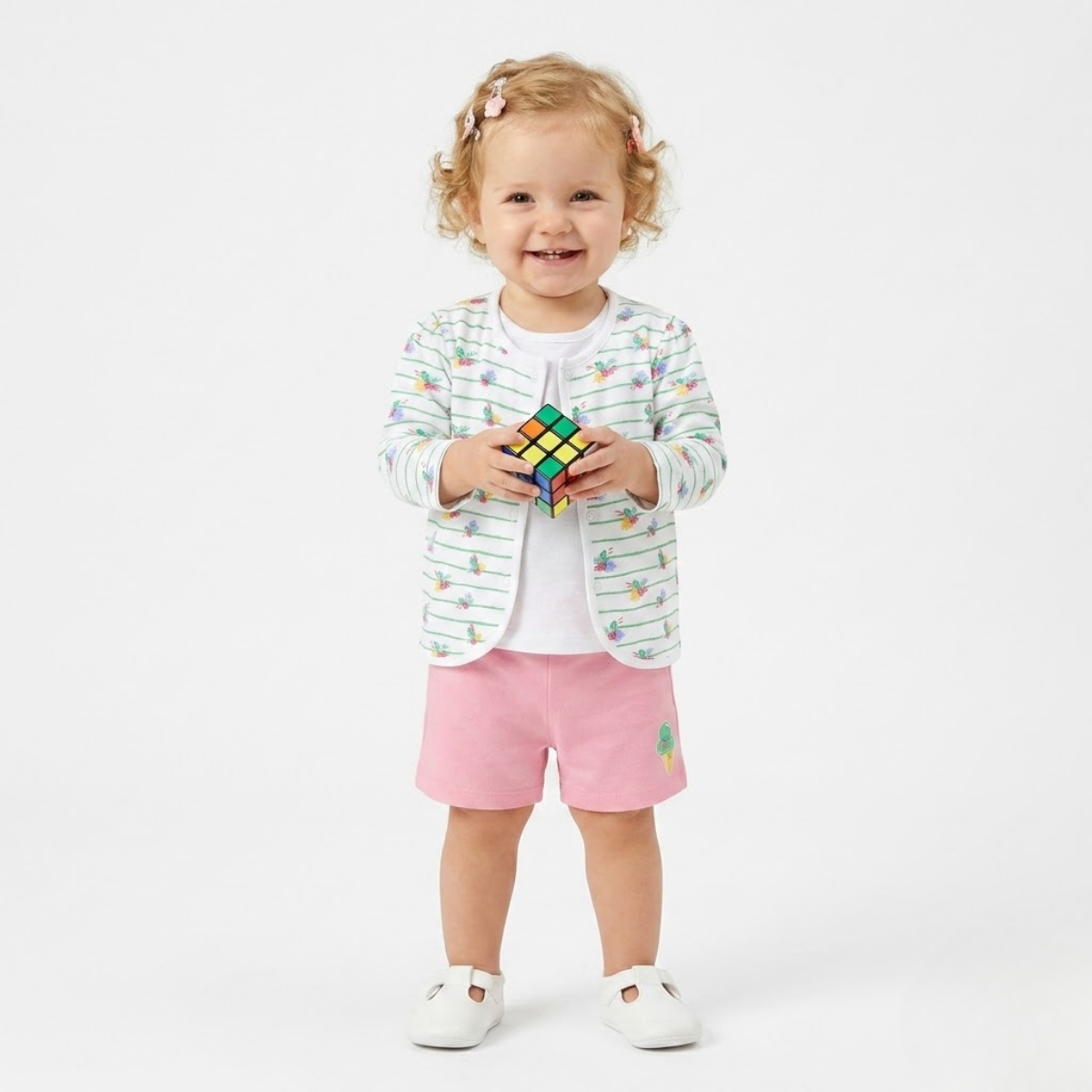 Baby Girls Pack Of 3 Cotton floral printed Front Open Vest, Green, Pink & White