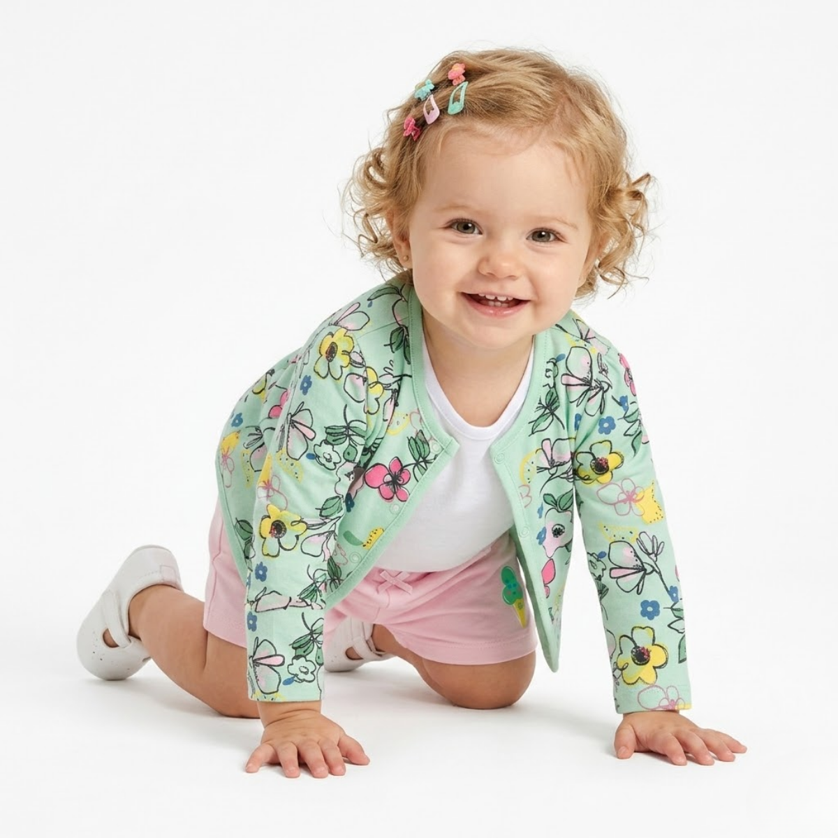 Baby Girls Pack Of 3 Cotton floral printed Front Open Vest, Green, Pink & White