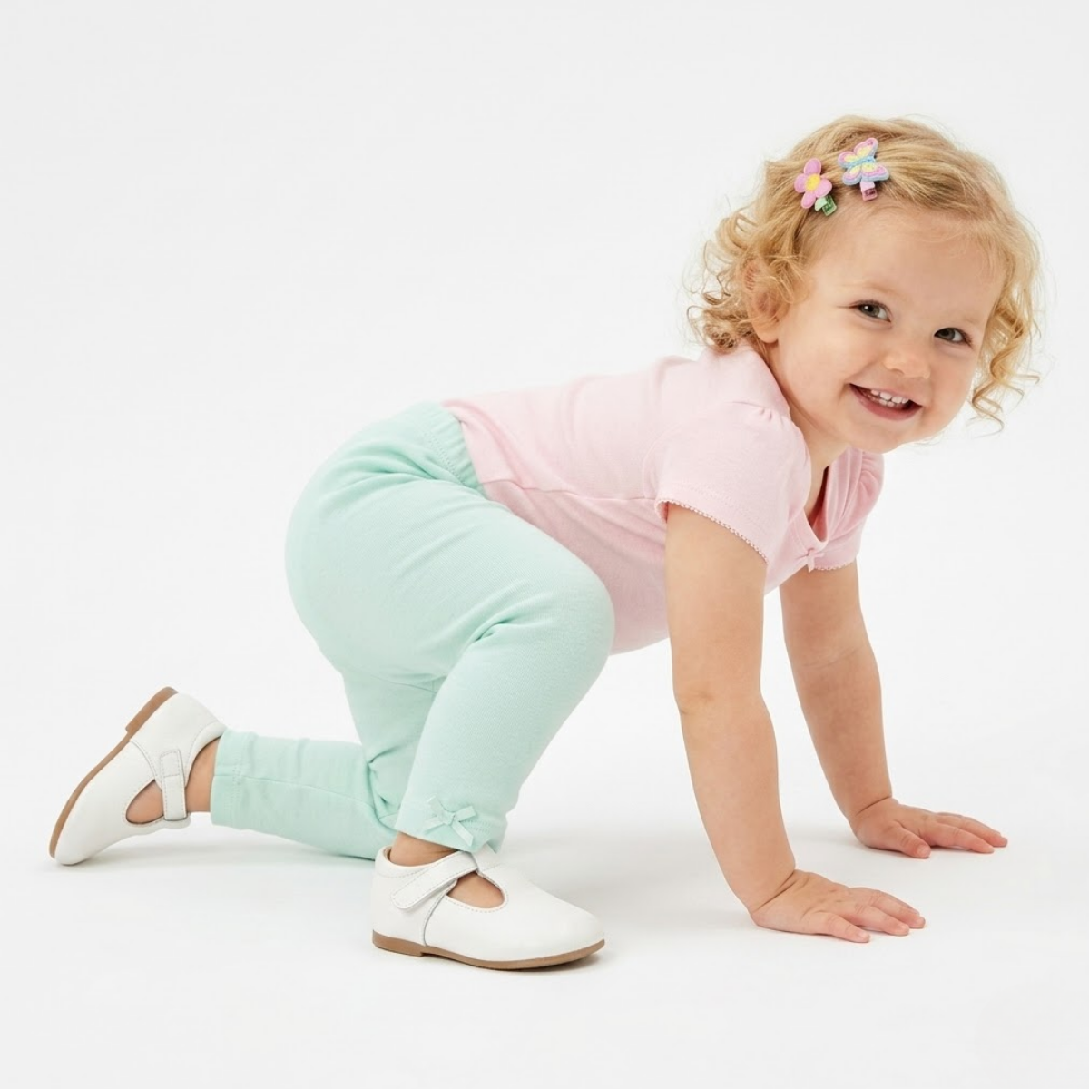 Baby Girls Pack Of 3 Cotton Solid Full Length Knit Bottom, Coral, Blue & Green