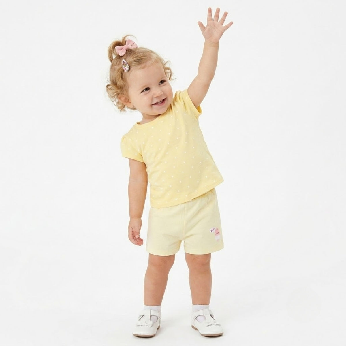 Baby Girls Pack Of 3 Cotton Round Neck Short Sleeve Knit Top, White, Pink & Yellow