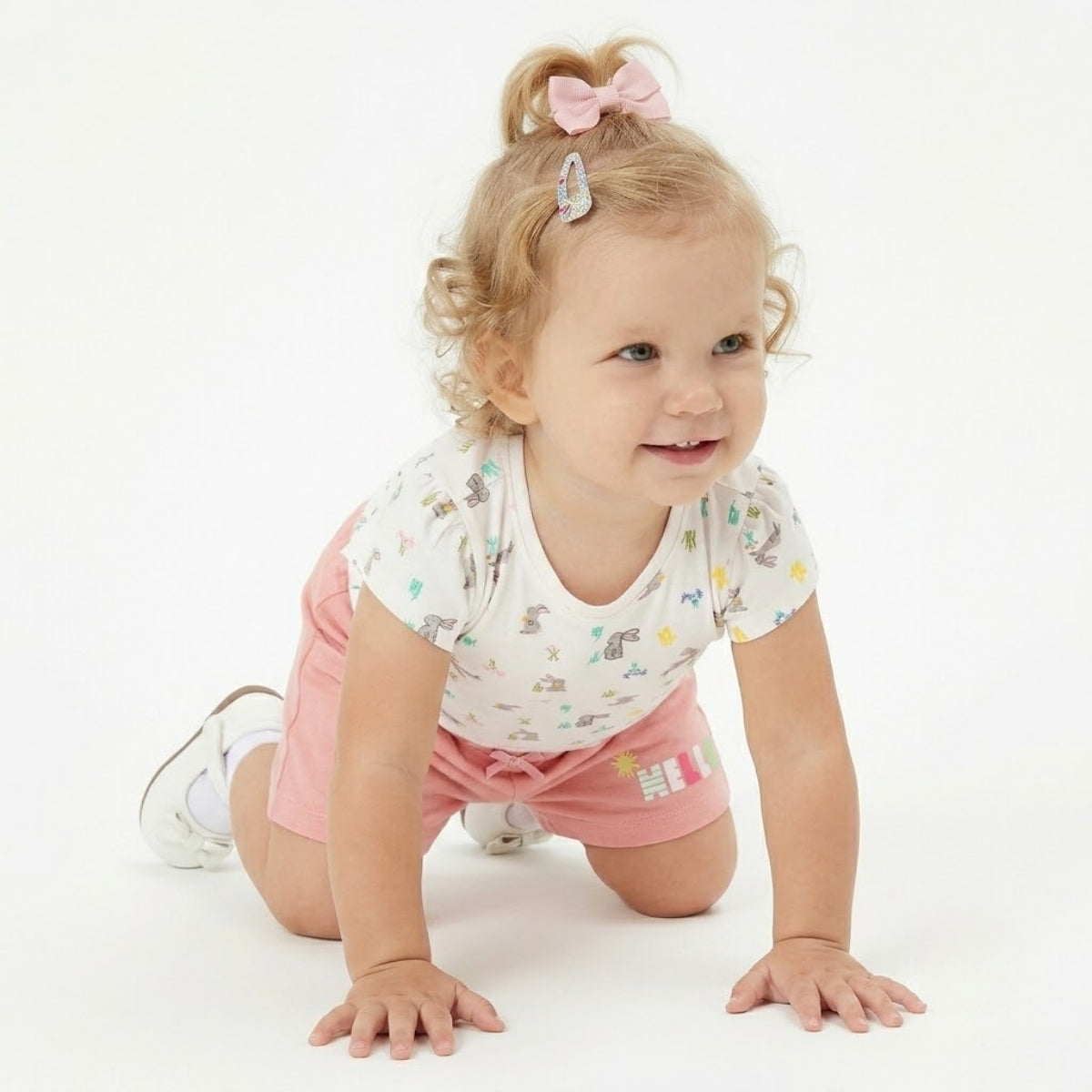 Baby Girls Pack Of 3 Cotton Round Neck Short Sleeve Knit Top, White, Pink & Yellow