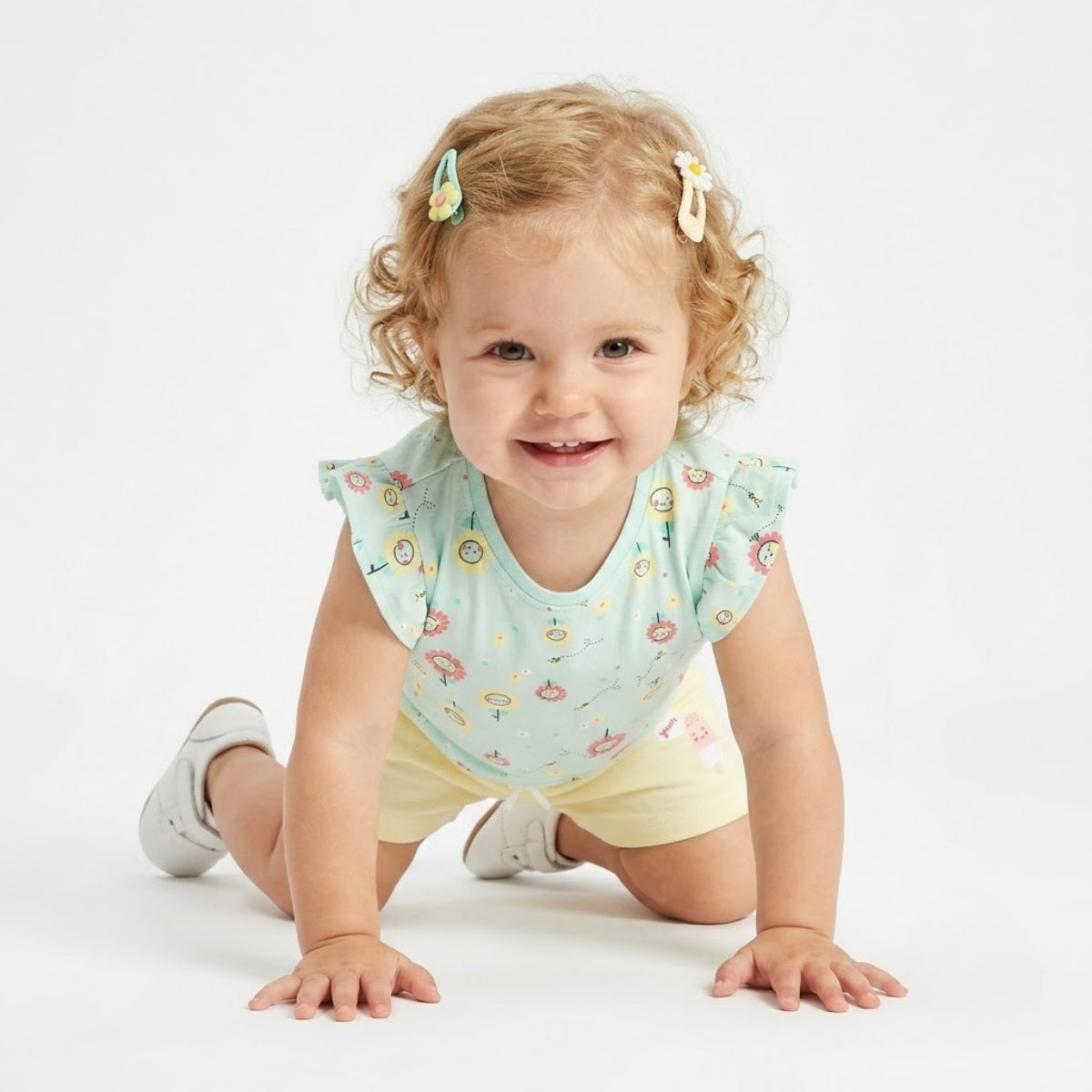 Baby girls Pack Of 3 Cotton printed Crew Neck Knit Top - White, Blue & Peach