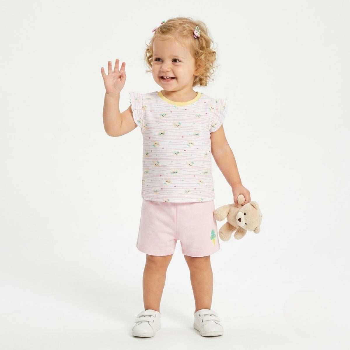 Baby girls Pack Of 3 Cotton printed Crew Neck Knit Top - White, Blue & Peach