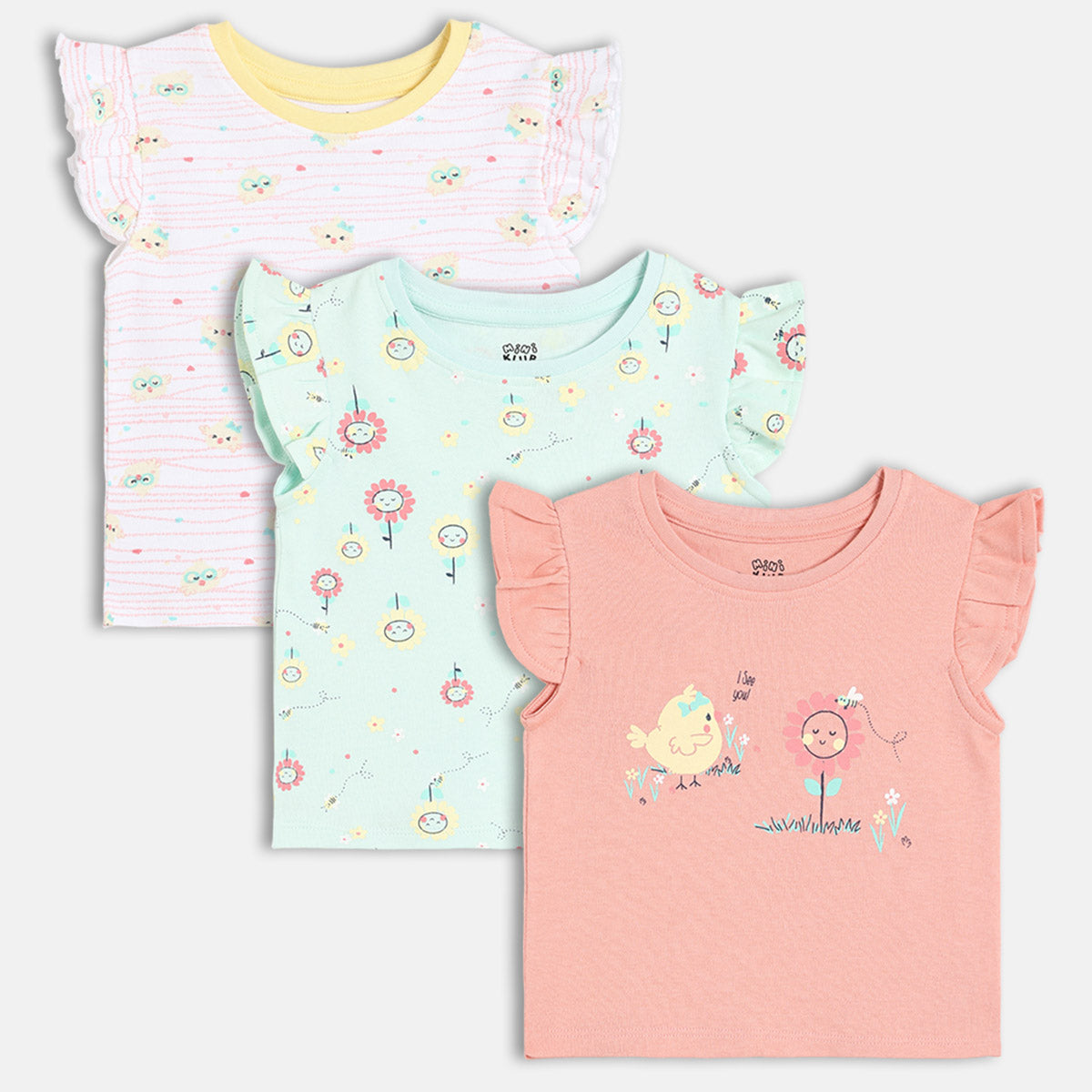 Girls Pack Of 3 Crew Neck Frill Sleeve Knit Top - Multi