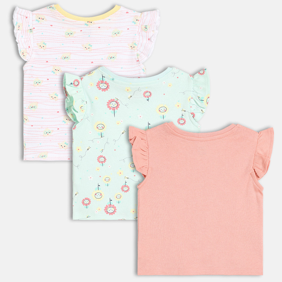 Girls Pack Of 3 Crew Neck Frill Sleeve Knit Top - Multi