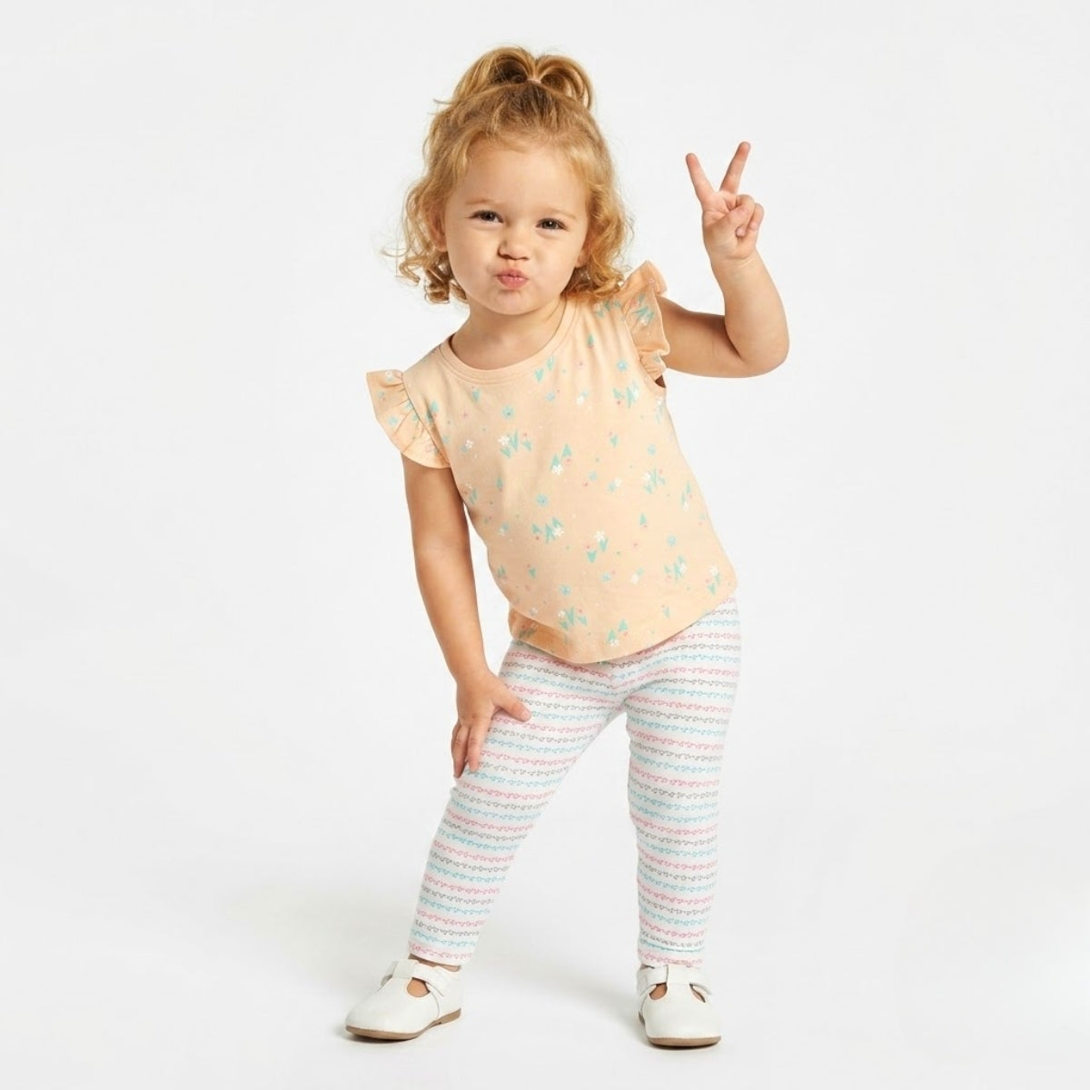 Baby girls Pack Of 3 cotton printed Crew Neck Frill Sleeve Knit Top - Peach & Yellow
