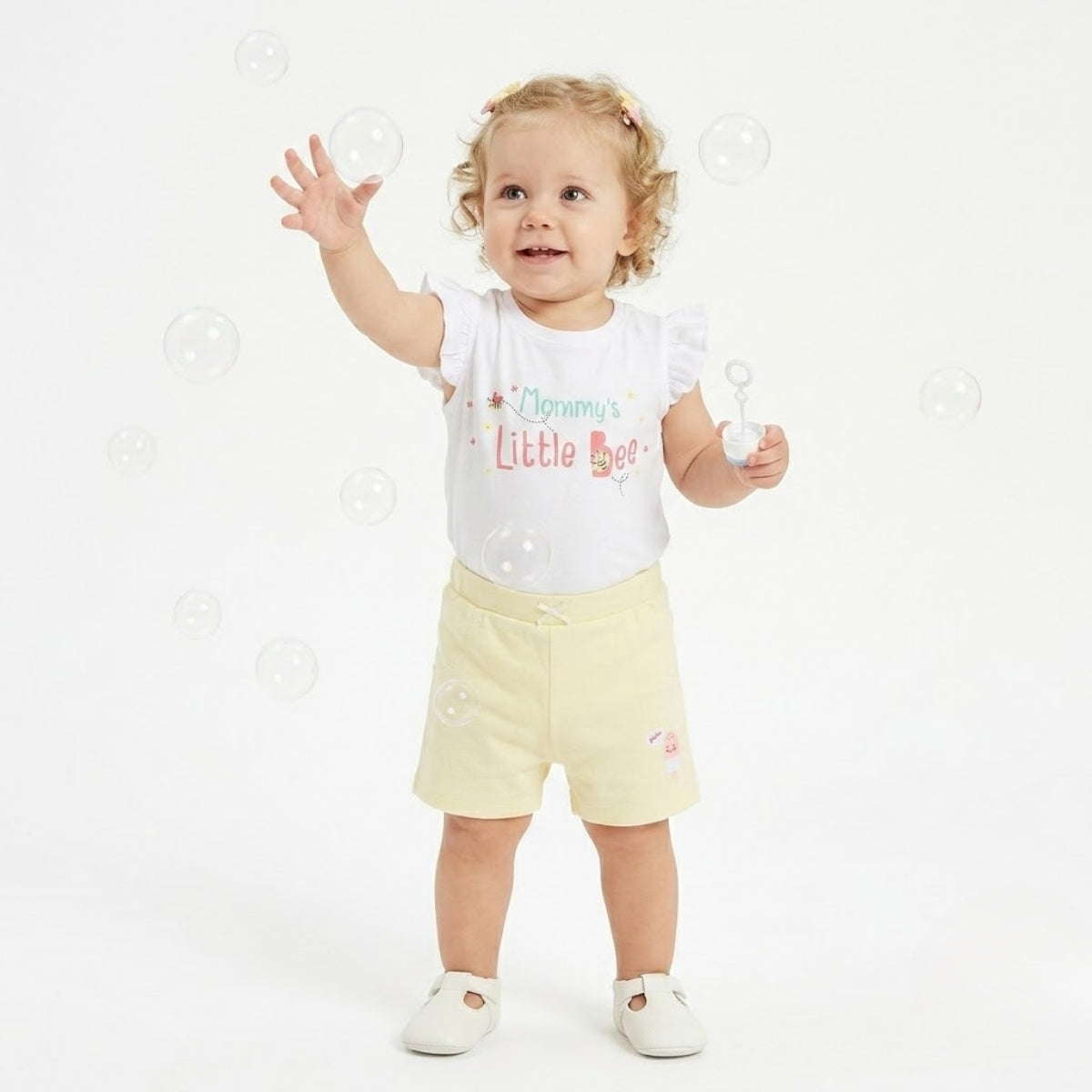 Baby girls Pack Of 3 cotton printed Crew Neck Frill Sleeve Knit Top - Peach, White & Yellow