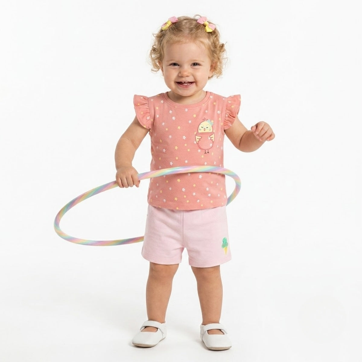 Baby girls Pack Of 3 cotton printed Crew Neck Frill Sleeve Knit Top - Peach, White & Yellow