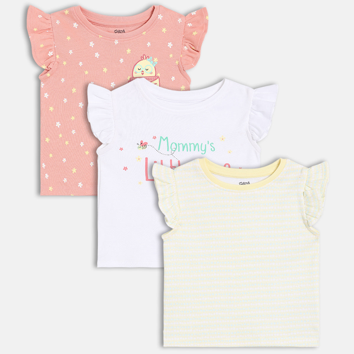 Girls Pack Of 3 Crew Neck Frill Sleeve Knit Top - Multi