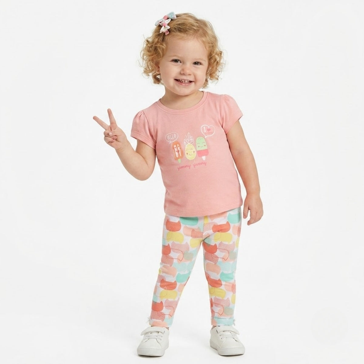 Baby girls Pack of 3 Cotton printed Crew Neck Short Sleeve Knit Top, White, Green & Peach