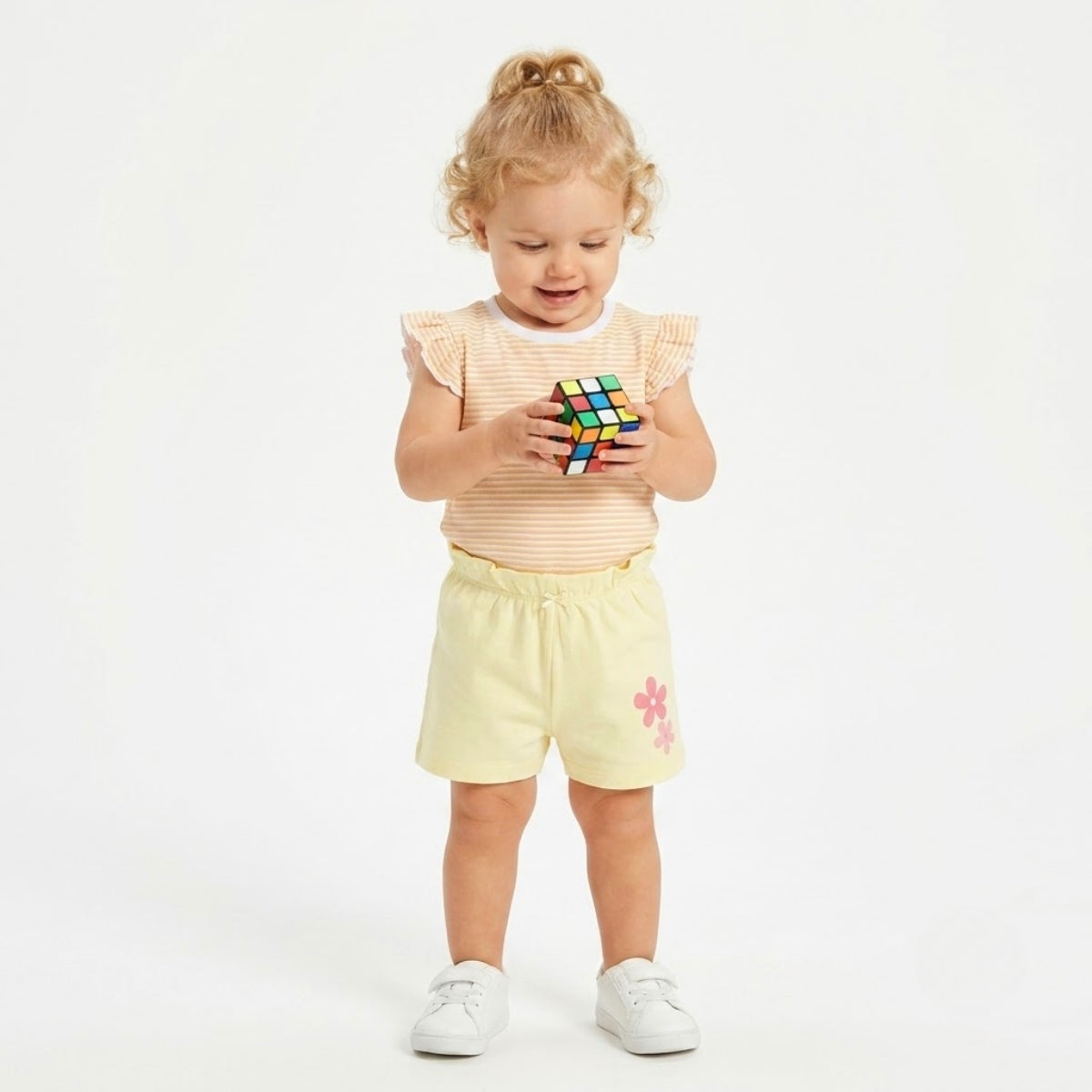 Baby girls Pack Of 3 cotton printed Crew Neck Knit Top - Peach, Pink & Yellow
