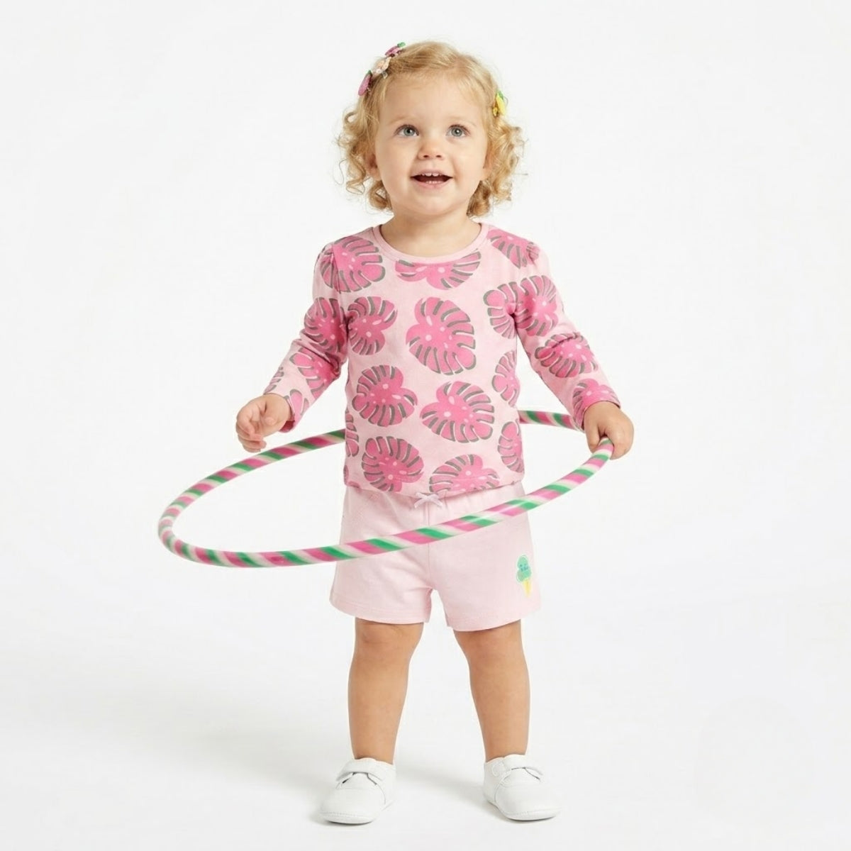 Baby girls Pack Of 3 Cotton printed  Round Neck Knit Top - White, Pink & Green