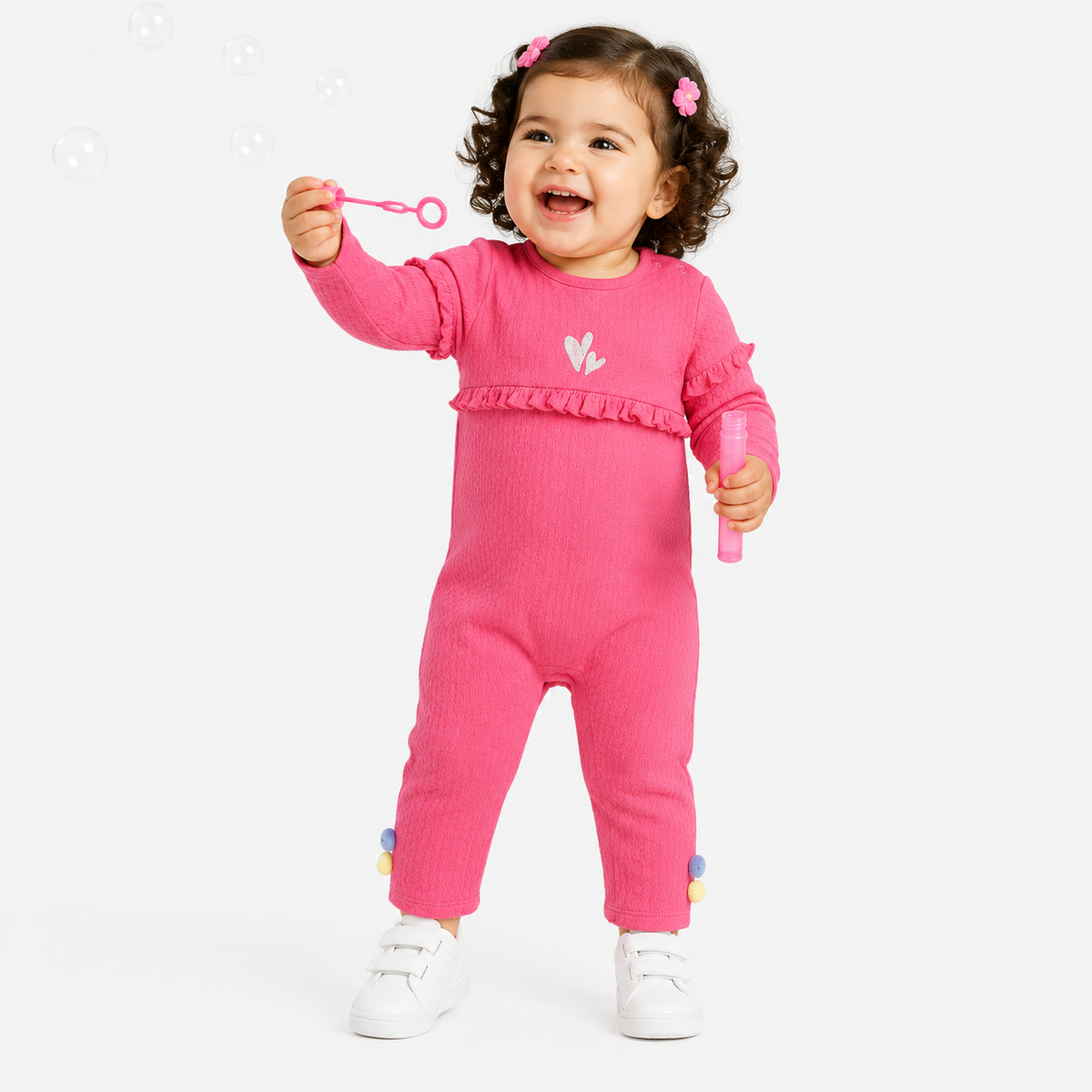Baby Girls Pink Cotton Romper Ruffle and Pom-Pom Detail Everyday Baby Wear