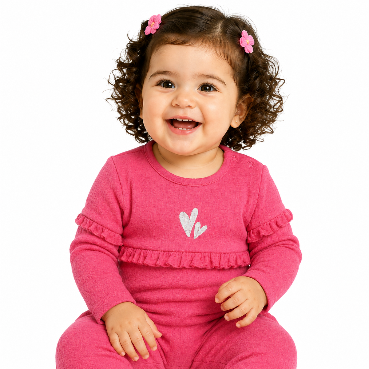 Baby Girls Pink Cotton Romper Ruffle and Pom-Pom Detail Everyday Baby Wear