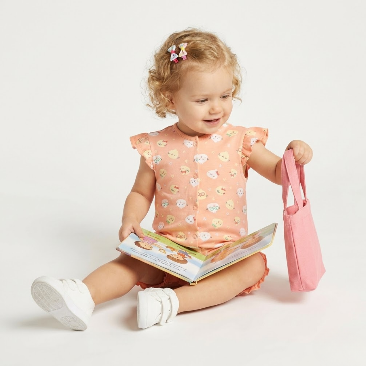 Baby girls Pack Of 2 Cotton printed Front Open Frill Sleeve Romper, Peach & White